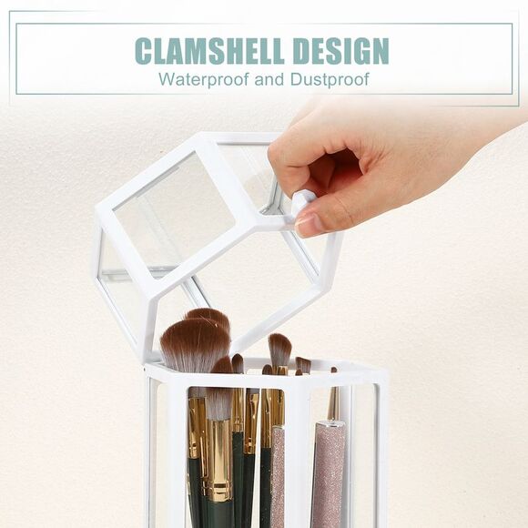 Clear Dustproof Hexagon Makeup Brush Storage Box with Beige Faux Pearl White - Picture 4 of 6
